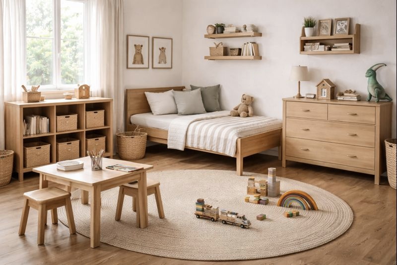 cozy kids room with toys and furniture in order