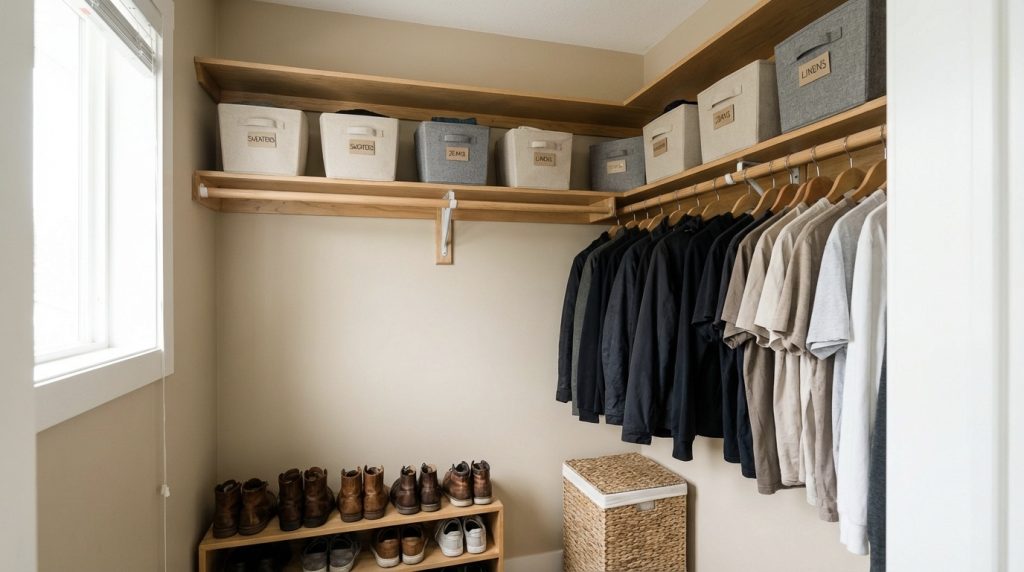 organized-closet-organizer-with-shelves-and-shoes-wooden-baskets
