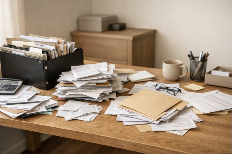 cluttered desk with papers and files in order