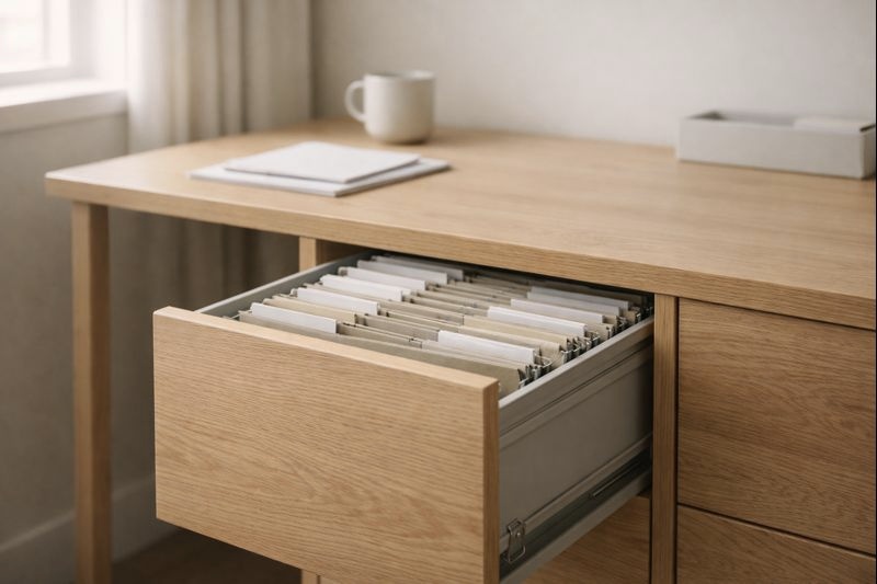 desk organizer life file drawer and coffee cup in room