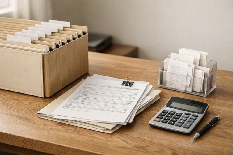 documents and calculator on wooden desk in order