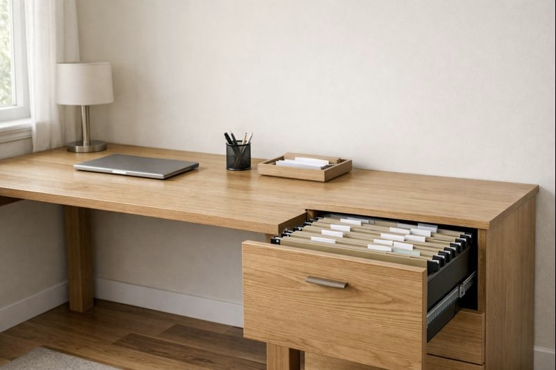 home office setup with organized desk and filing life