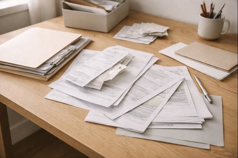 organized documents on desk with office supplies life