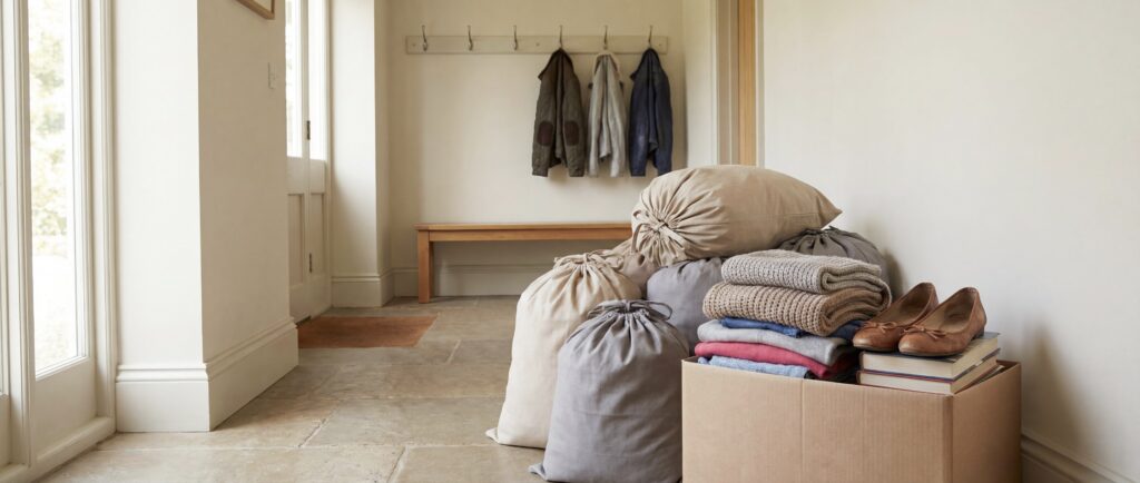 bags and boxes in hallway file organizing