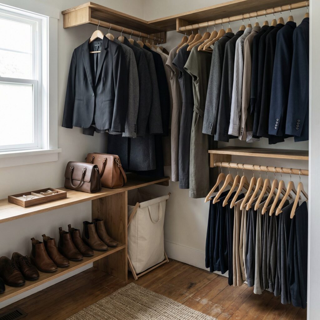 organized closet decluttering clothes and shoes storage space