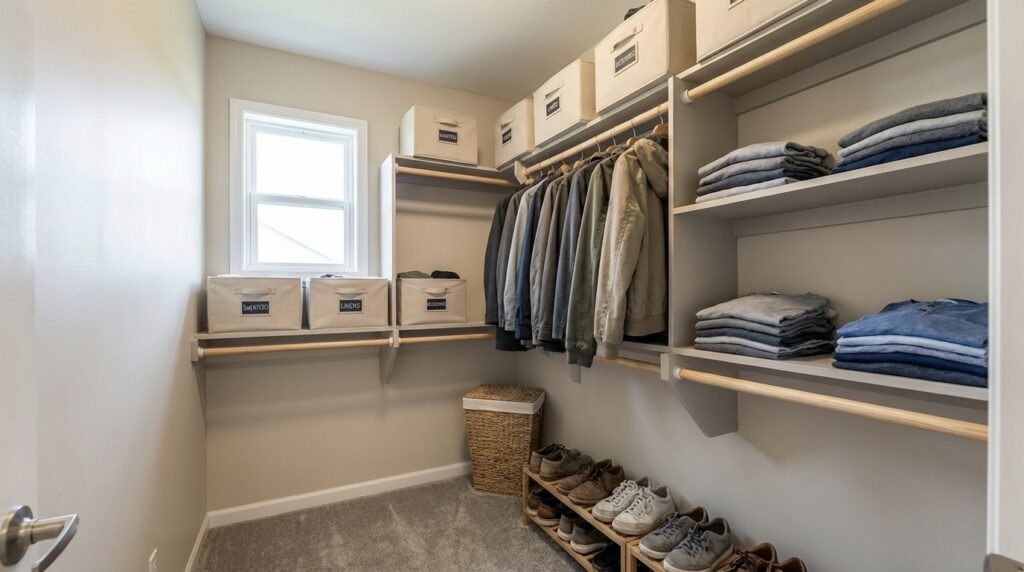 organized closet with shelves and boxes sorting clothes and shoes